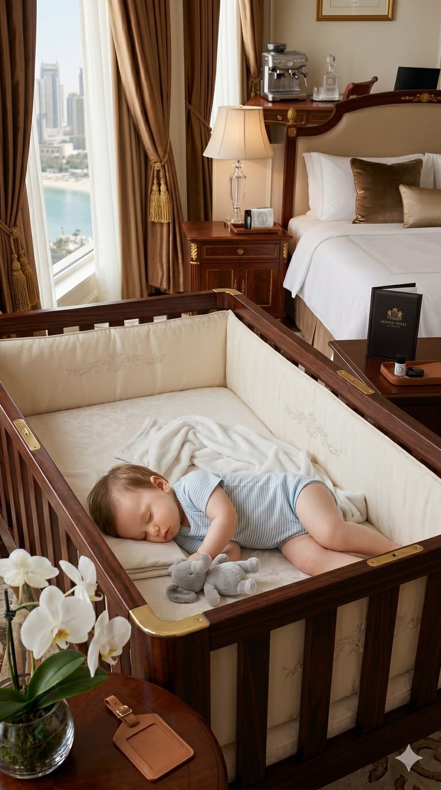 Baby asleep in a hotel-room crib with a city view